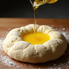 Making sweet focaccia dough with olive oil in a cozy kitchen