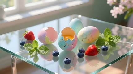 Cracked Pastel Eggs with Berries and Mint Leaves