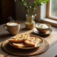 Sweet focaccia paired with coffee and yogurt in a sunlit kitchen setting