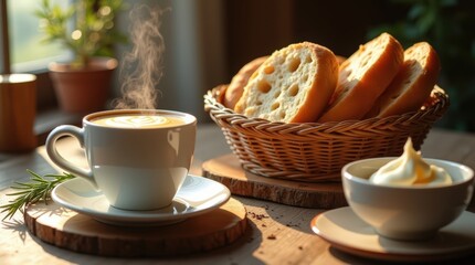 Sweet focaccia served with coffee on a rustic table under warm sunlight