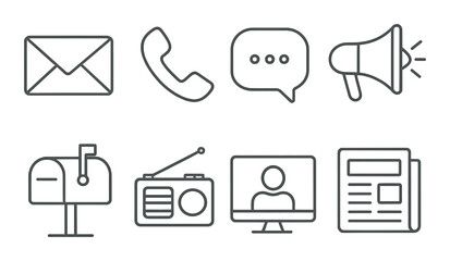 Communication icons: email, phone, message, megaphone, mailbox, radio, video, newspaper