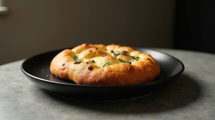 Sweet focaccia bread displayed on a black plate highlighting its golden crust and herb decorations in a cozy kitchen setting
