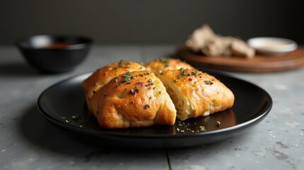 Sweet focaccia bread served on a black plate with herbs and condiments in a cozy restaurant setting