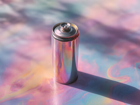 A silver battery with a colorful, abstract background