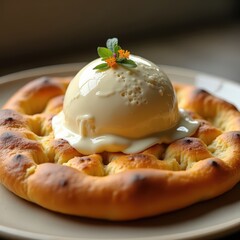 Delicious sweet focaccia topped with creamy vanilla ice cream and fresh mint leaves in a cozy cafe setting