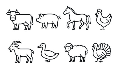 Black and white outline illustrations of farm animals including cow, pig, horse, and chicken