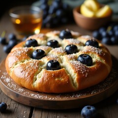 Sweet focaccia topped with fresh blueberries and sprinkled with sugar on a wooden platter