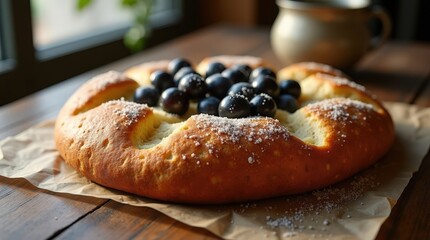 Sweet focaccia topped with blueberries and sugar on a rustic wooden table in a cozy cafe setting