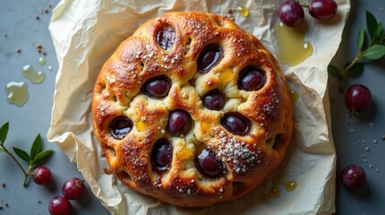Sweet focaccia topped with grapes and drizzled with honey displayed on a rustic background