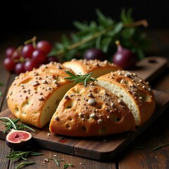 Deliciously sweet focaccia topped with herbs and spices displayed on a wooden board
