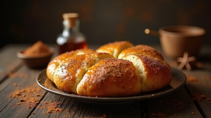 Sweet focaccia topped with aromatic spices and served on a rustic plate, creating a warm and inviting atmosphere