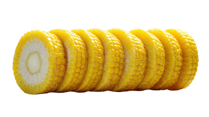 Sweetcorn cut into round slices arranged in a line isolated on a Transparent background, PNG file.