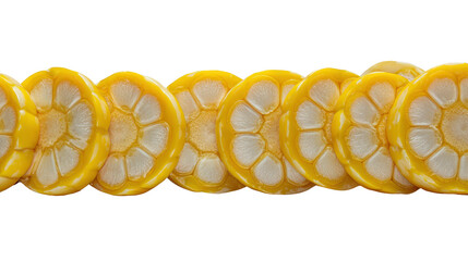 Sweetcorn cut into round slices arranged in a line isolated on a Transparent background, PNG file.