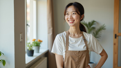 portrait of a woman holding a flower . Happy asian girl maid cleaning service worker in apron in apartment