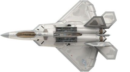 Tactical fighter aircraft model shown in elevation view background isolated on a Transparent background, PNG file.