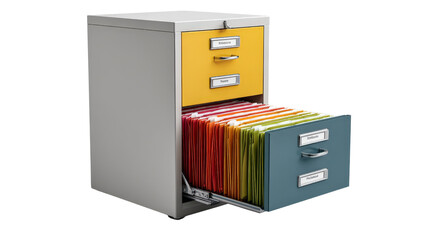 Tall filing cabinet with open drawer showing hanging folders background isolated on a Transparent background, PNG file.