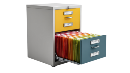 Tall filing cabinet with open drawer showing hanging folders background isolated on a Transparent background, PNG file.