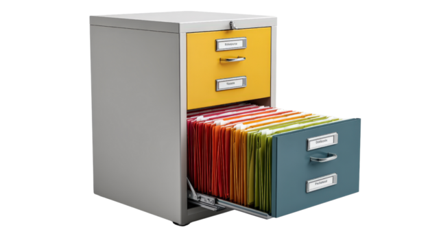 Tall filing cabinet with open drawer showing hanging folders background isolated on a Transparent background, PNG file.