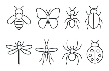 Outline illustrations of diverse insects on dark background
