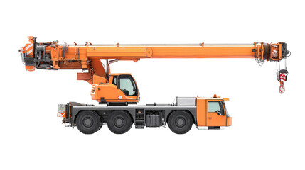 Telescopic crane arm fully extended with counterweight visible isolated on a Transparent background, PNG file.