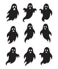 Spooky ghost silhouette collection set, creepy cartoon horror spirits, scary phantom shapes for Halloween decoration, party, and haunted house designs.