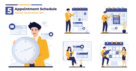 appointment schedule vector illustration set characters managing appointments reminders, and deadlines. businessman checking schedules to employees planning tasks with notification alerts and calendar