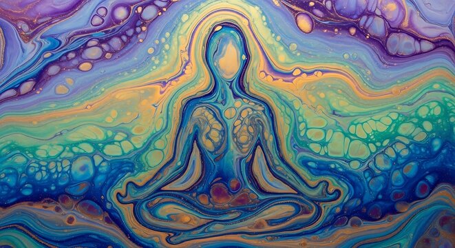 Abstract acrylic flow art depicting figure in meditative pose posture