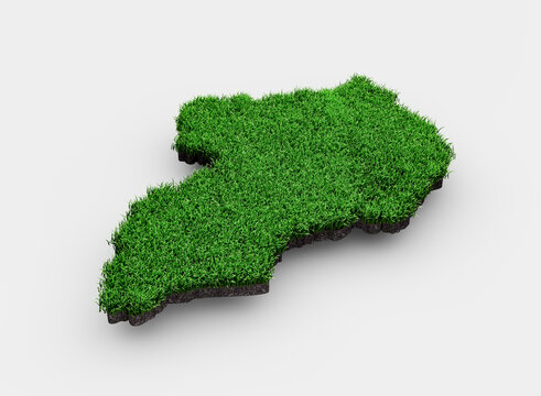 Uganda Map soil land geology cross section with green grass and Rock ground texture 3d illustration