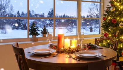 Christmas table setting with burning candles and falling snow outside window