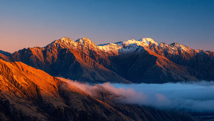 A photograph of the mountains in New Zealand at sunrise. The sun is rising behind them, and there is fog over their peaks.