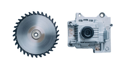 Top view of electric saw blade and motor housing background isolated on a Transparent background, PNG file.