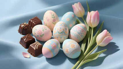 Easter Eggs and Chocolate Truffles on a Blue Cloth