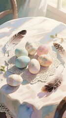 Delicate Floral Eggs and Feathers on a Lace Doily