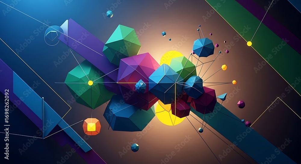 Poster abstract geometric composition with vibrant polyhedra and dynamic lines