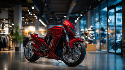 Sleek red motorcycle centered in modern showroom, polished floors reflecting its curves, helmets and motorcycles displayed softly in the background, cinematic lighting