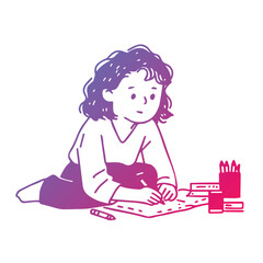 vector illustration: girl drawing sitting on the floor, simple book illustration style