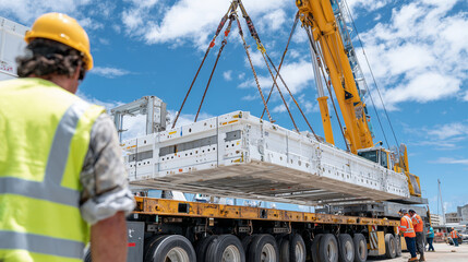 Close-up of crane cables holding prefabricated building segment, workers signaling below, modular panels gleaming under bright daylight