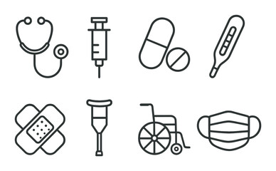 Outline icons of medical tools: stethoscope, syringe, pills, thermometer, bandages, crutch, wheelchair, face mask