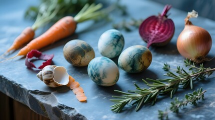 Naturally Dyed Eggs with Fresh Vegetables and Herbs