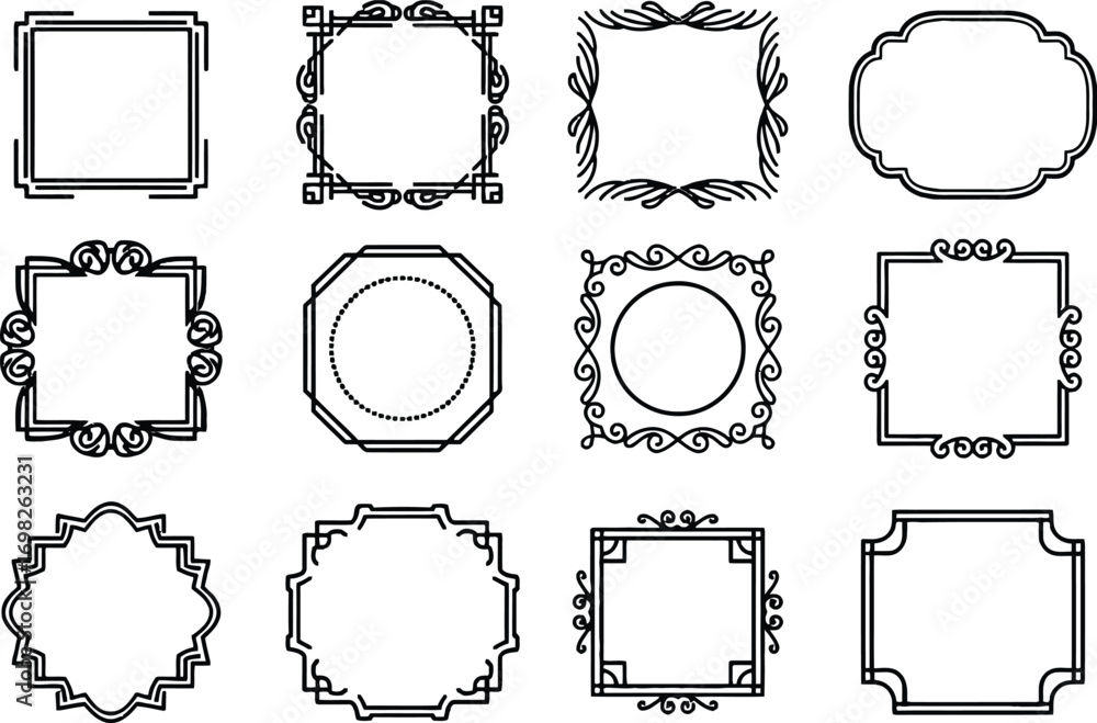 Poster collection of black and white decorative line frames with various shapes and intricate line details 