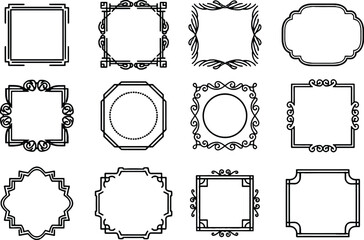 Collection of black and white decorative line frames with various shapes and intricate line details design. Simple line frame vector illustration