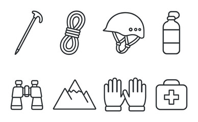 Fototapeta premium Essential hiking gear icons: helmet, rope, bottle, gloves, first aid, mountains