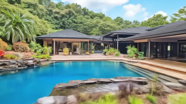Exterior shot of a luxury home with a dark tiled roof and stone features overlooking a blue lagoon pool in lush green surroundings under a bright, partly cloudy sky.