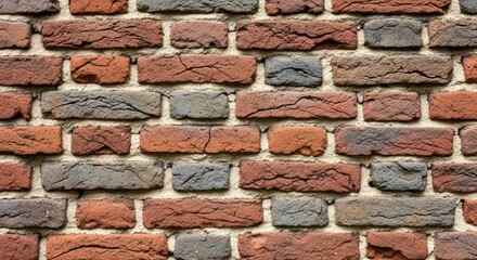 Close-up of a rustic brick wall featuring a mix of red and grey textured bricks with rough mortar, creating a durable and aged background or surface.