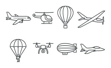 Black and white icons of various aircraft types: airplane, helicopter, hot air balloon