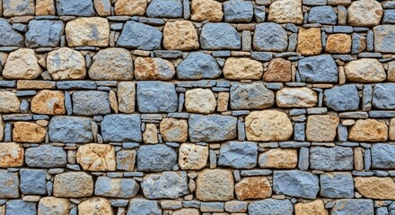 A rustic stone wall featuring a textured pattern of interlocking grey and earthy-toned rocks, creating a durable and natural background.