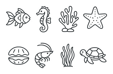 Ocean creatures and coral silhouettes on dark background