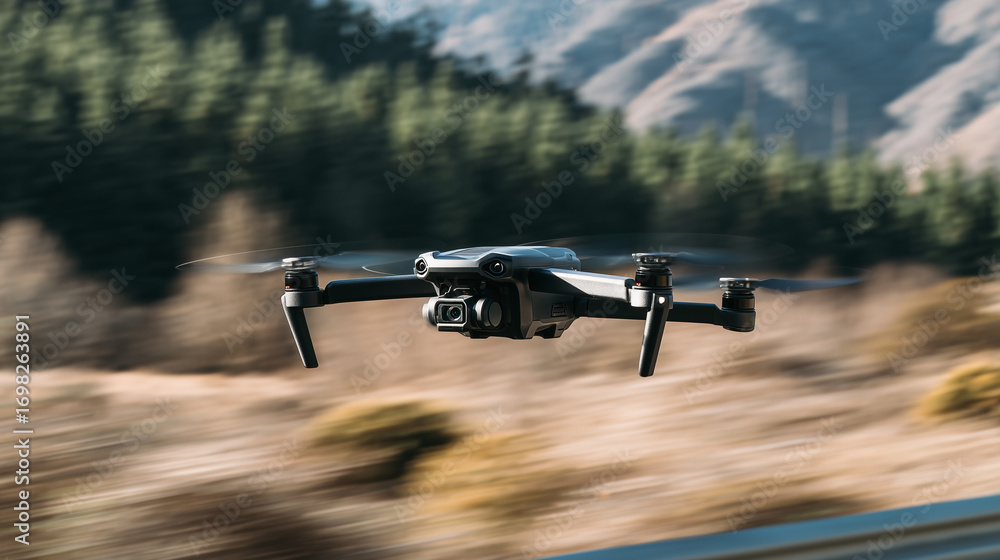Aufkleber close-up of shahed-type drone in flight above cornfields, detailed texture visible, motion blur of b