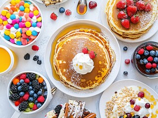 Decorated Pancake Day table with pancakes, syrup, whipped cream, and colorful toppings