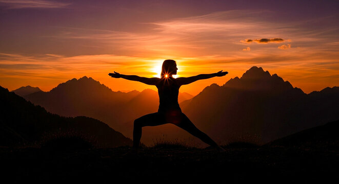 silhouette of a woman doing yoga at sunset